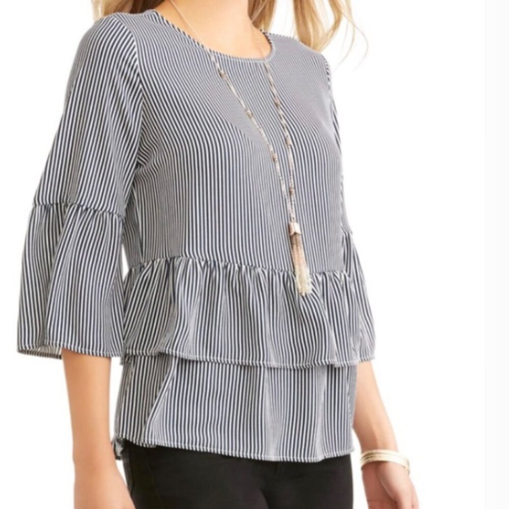 TIME & TRU Ruffle Peplum Striped Blouse Sz L(12/14) Blue #225C